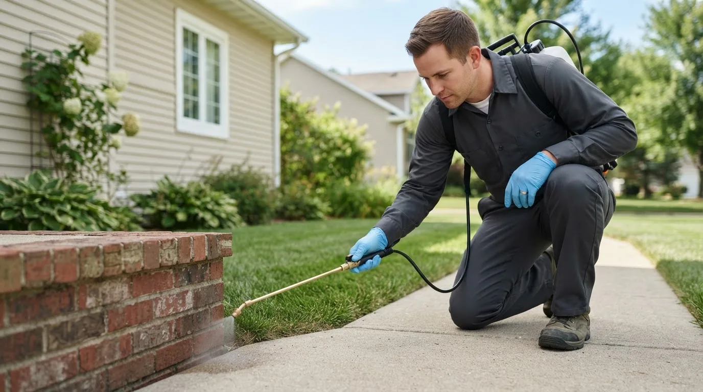 Pest control technician treating a home near Laceys Spring, AL